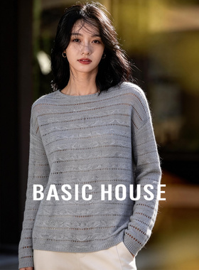 Basic House/百家好慵懒镂空针织衫灰色圆领宽松莱赛尔山羊绒上衣