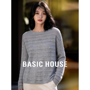 灰色圆领宽松莱赛尔山羊绒上衣 百家好慵懒镂空针织衫 Basic House