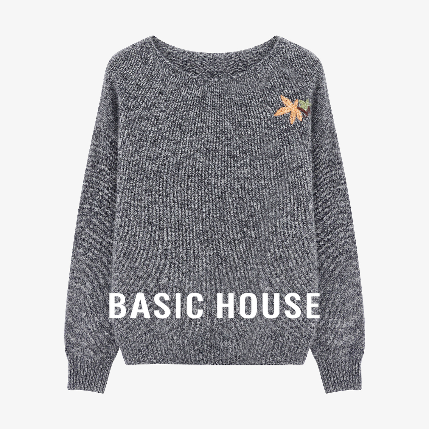 Basic House/百家好秋冬新款枫叶刺绣毛衣女圆领宽松慵懒风针织衫