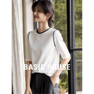 百家好撞色镶边中袖T恤26春季新款宽松显瘦简约风内搭外穿上衣女