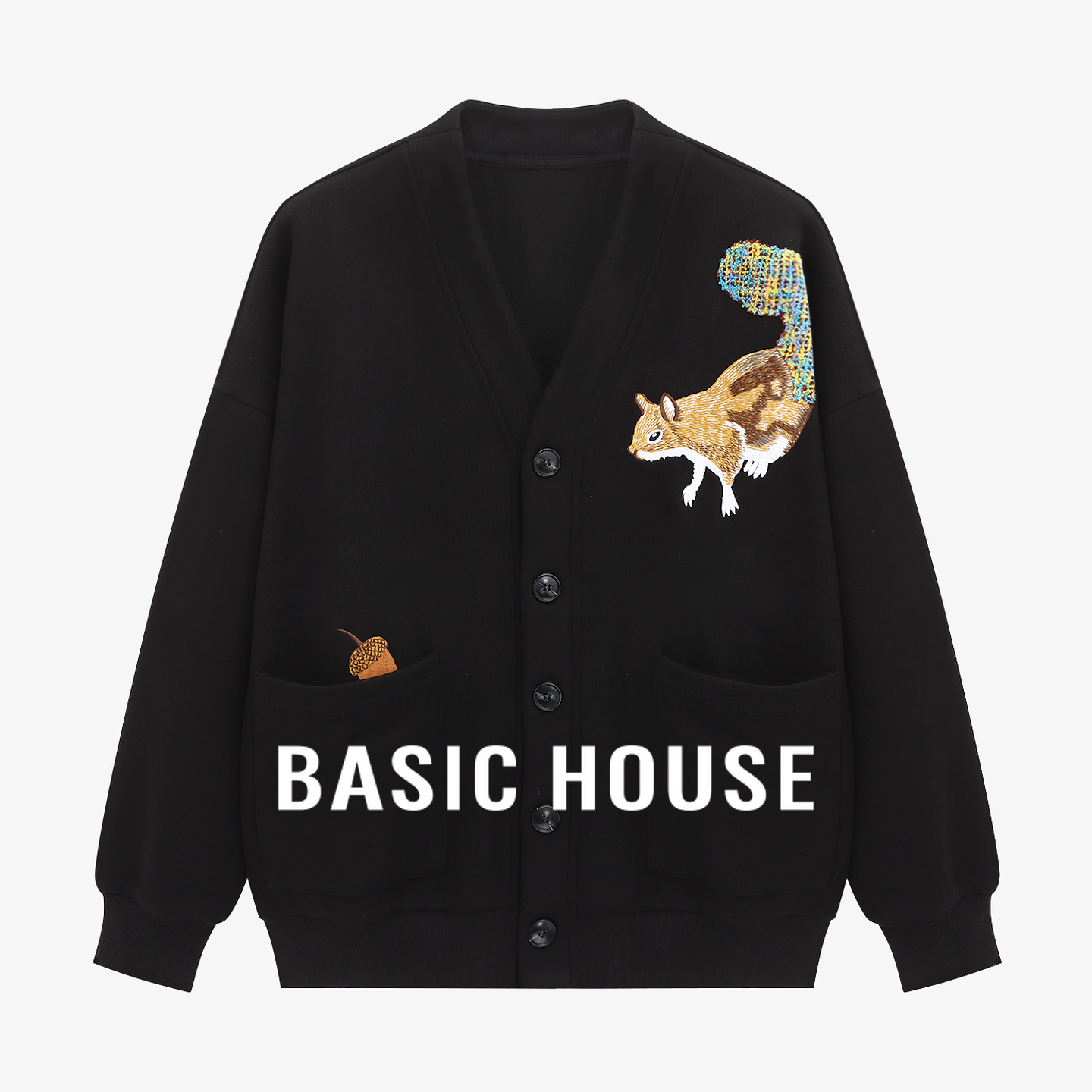Basic House/百家好休闲开衫外套2025秋季刺绣设计宽松V领上衣女