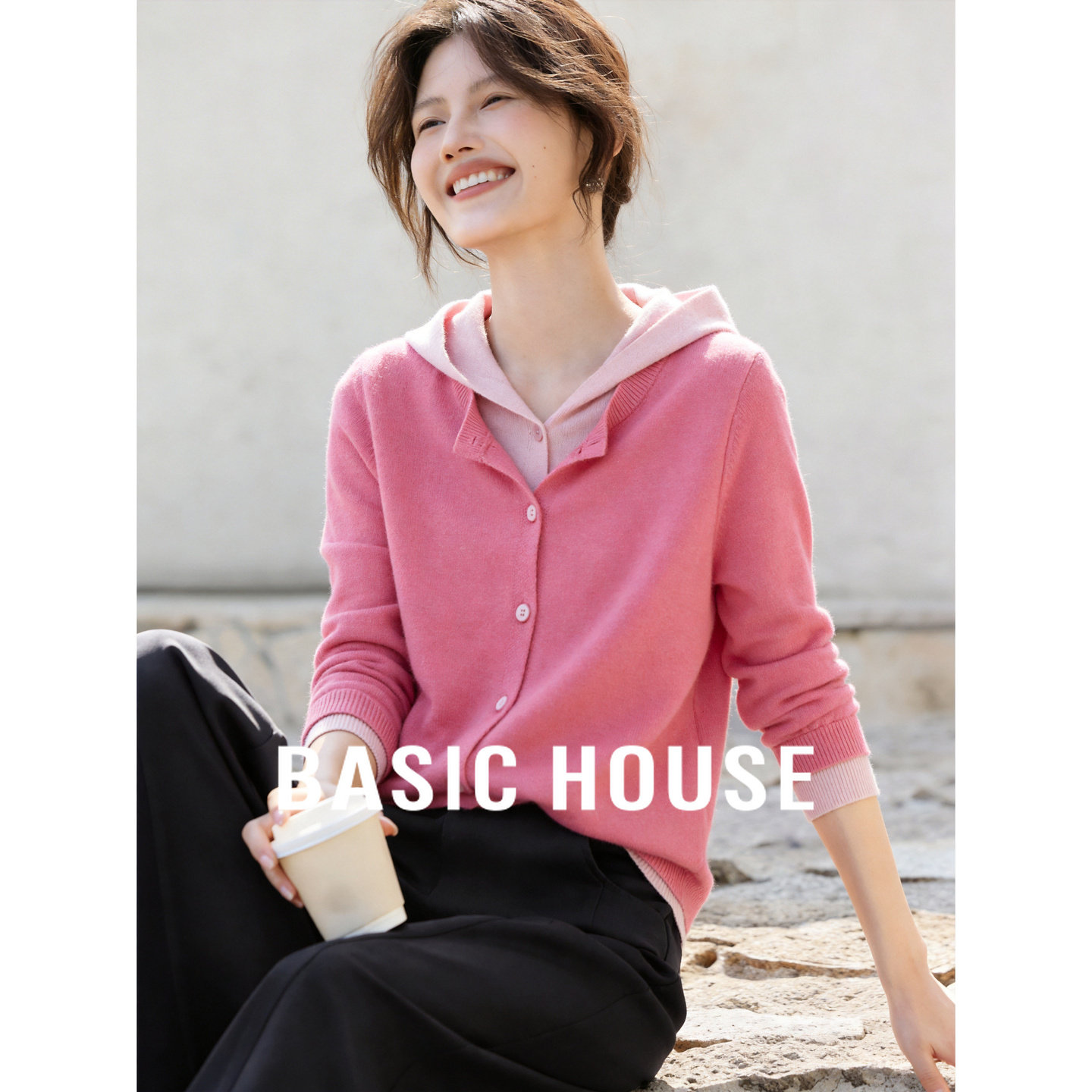 Basic House/百家好连帽假两件羊毛针织开衫女2026春新款毛衣外套