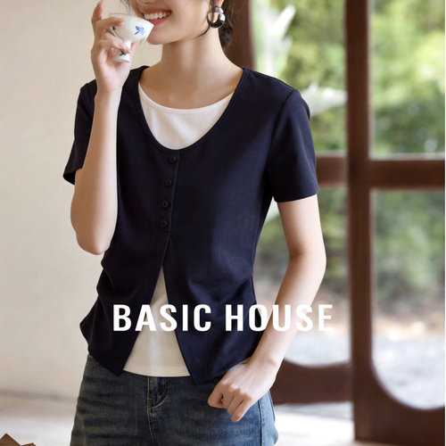 Basic House/百家好时尚休闲V领T恤女春季新款修身显瘦假两件上衣