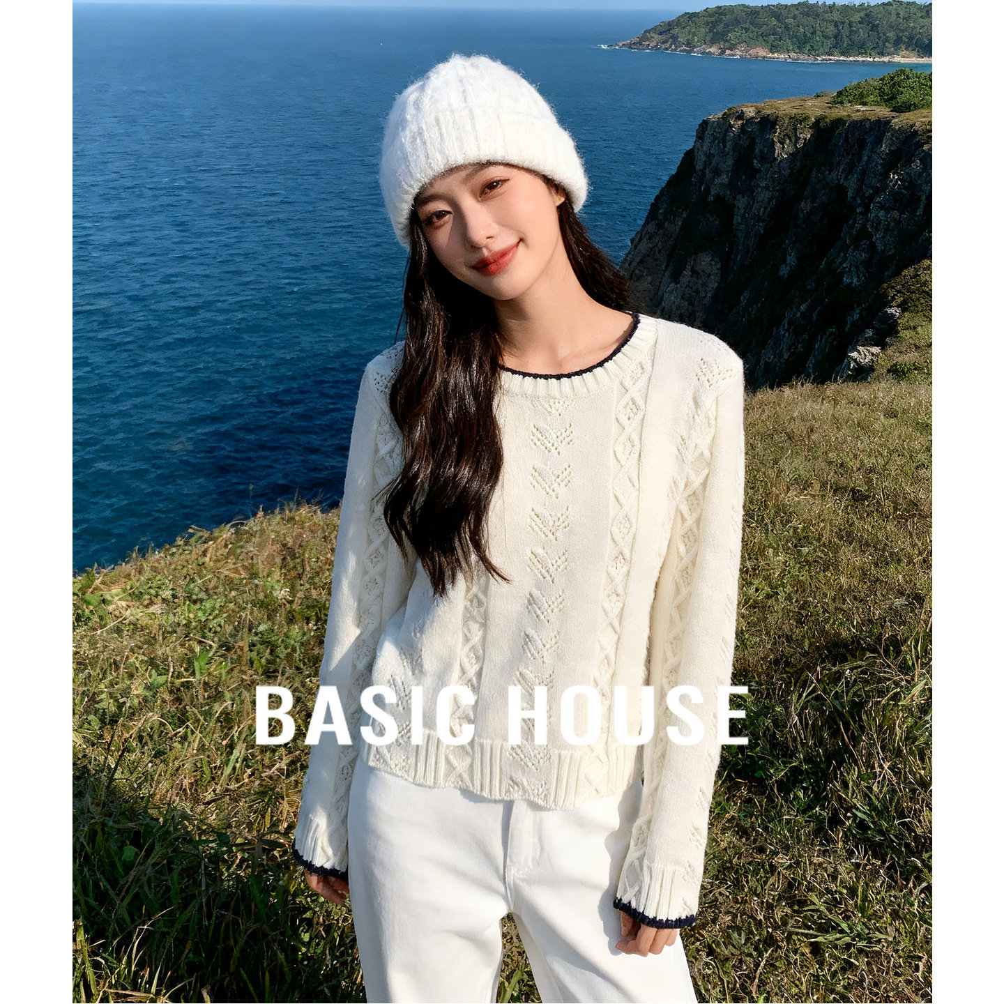 Basic House/百家好撞色领口绞花设计25秋冬优雅甜美长袖针织毛衣,女装/女士精品,毛衣,淘宝优惠券,粉丝福利购,淘宝优惠卷