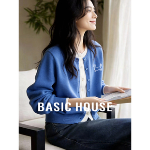 女春新款 百家好克莱因蓝假两件针织开衫 刺绣圆领毛衣 House Basic