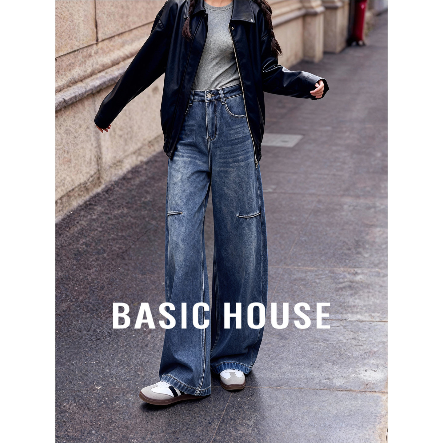 百家好弯刀阔腿高街牛仔长裤女25冬季新款设计感高腰显瘦直筒裤子