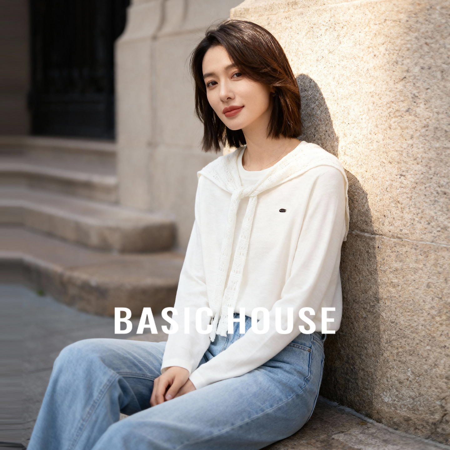 Basic House/百家好蕾丝领结设计甜美风秋季新款优雅长袖针织衫女