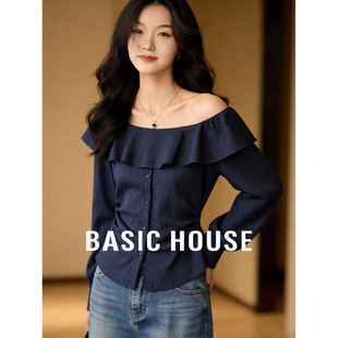 百家好一字肩荷叶领衬衫女士春季2026新款宽松百搭设计感小众上衣