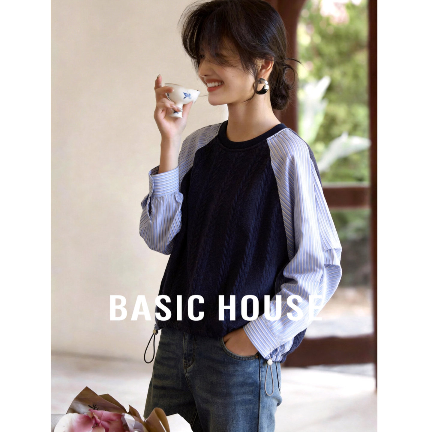 百家好2026春季新款藏青假两件针织衫女麻花针织宽松显瘦抽绳上衣