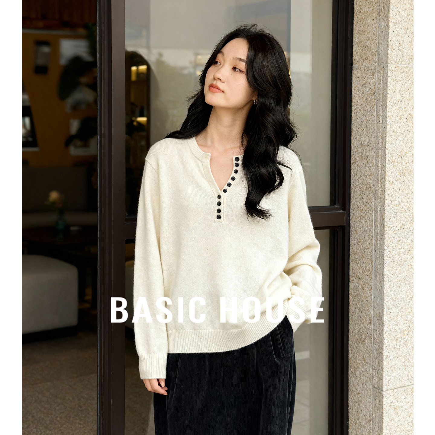 百家好休闲V领羊毛针织衫女冬季新款半扣设计显瘦百搭毛衣打底衫