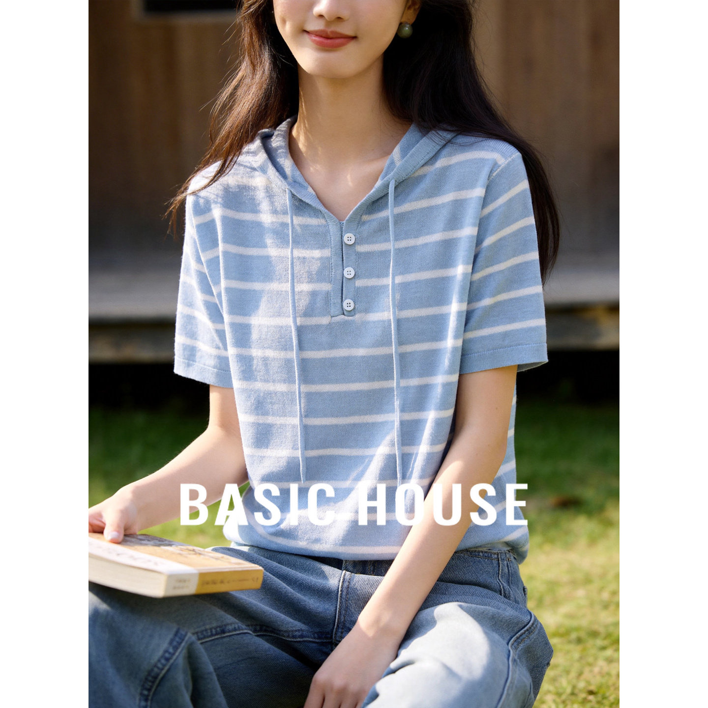 Basic House百家好条纹连帽短袖薄款针织T恤女夏新款显瘦宽松上衣
