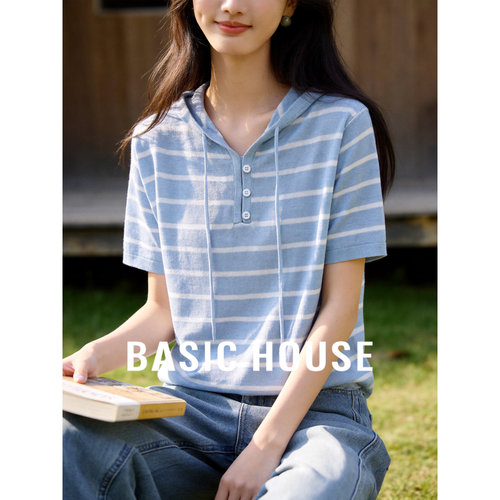 Basic House百家好条纹连帽短袖薄款针织T恤女夏新款显瘦宽松上衣