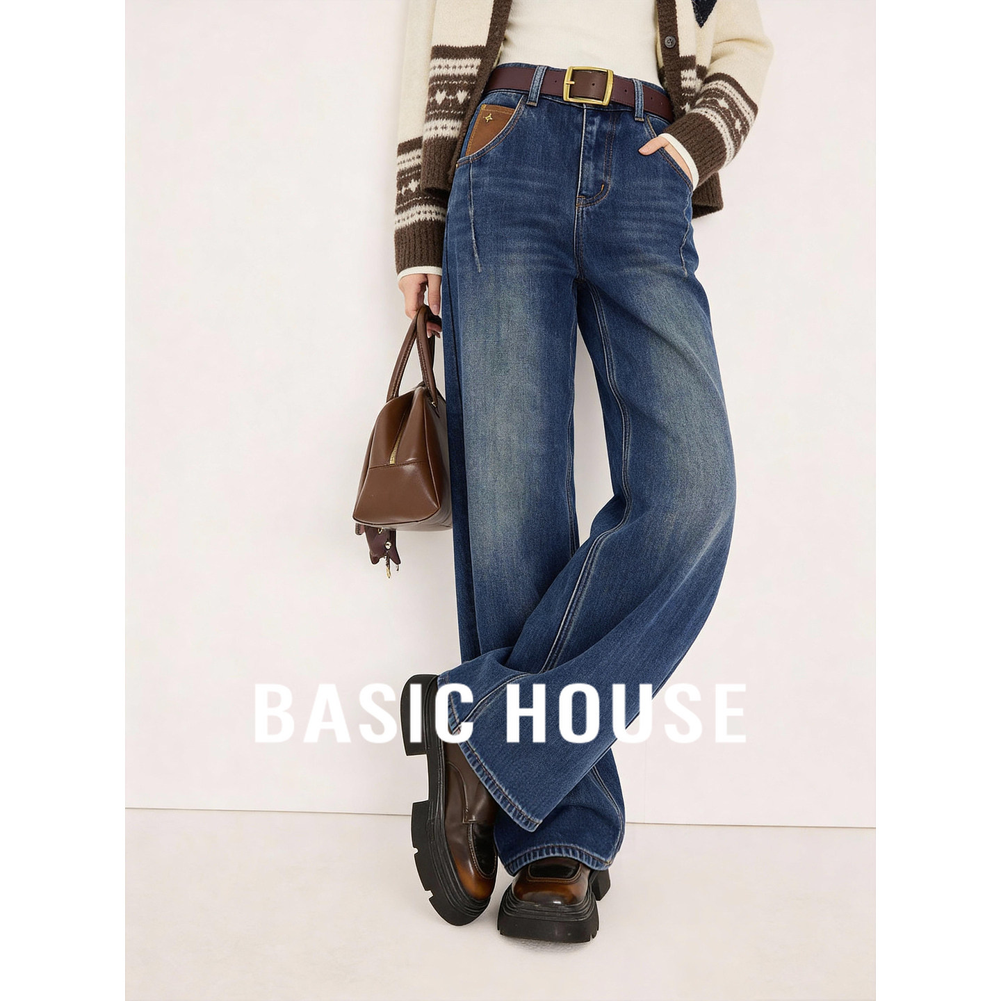 Basic House/百家好加绒复古蓝高腰阔腿牛仔裤女冬季休闲直筒长裤
