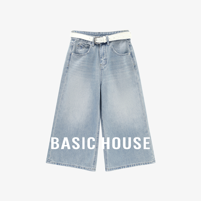 Basic House/百家好夏季新款复古直筒皮带设计高腰显瘦六分牛仔裤