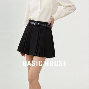 新款 百家好A字黑色百褶短裙春季 细腰带学院风半身裙 House Basic