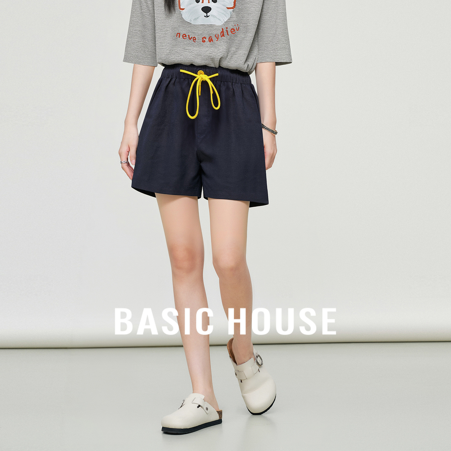 Basic House/百家好莱赛尔撞色抽绳短裤女夏季流行亚麻收腰阔腿裤