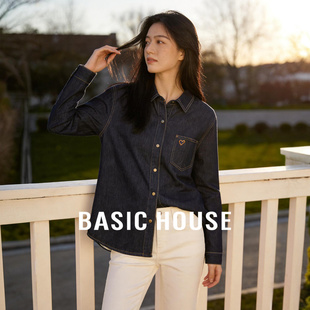 衬衫 百家好牛仔深色长袖 女春夏宽松休闲通勤翻领上衣 House Basic