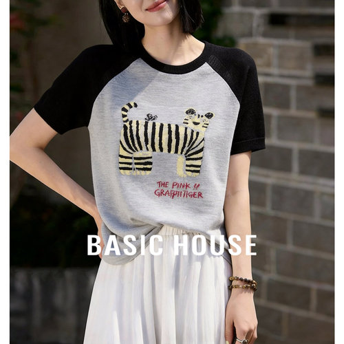 Basic House/百家好复古撞色插肩袖印花短袖针织衫女夏季薄款上衣
