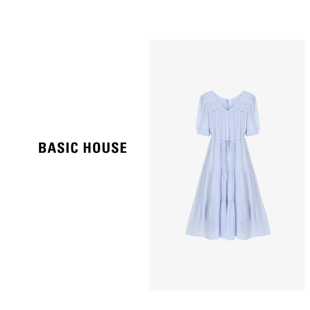 Basic House/百家好纯色休闲拼接长裙夏日新品优雅气质短袖连衣裙