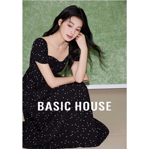 Basic House/百家好波点短袖连衣裙法式复古设计感中长款高腰裙子