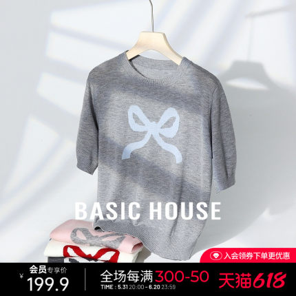 Basic House/百家好绵羊毛圆领针织衫女夏季甜美风蝴蝶结短袖上衣