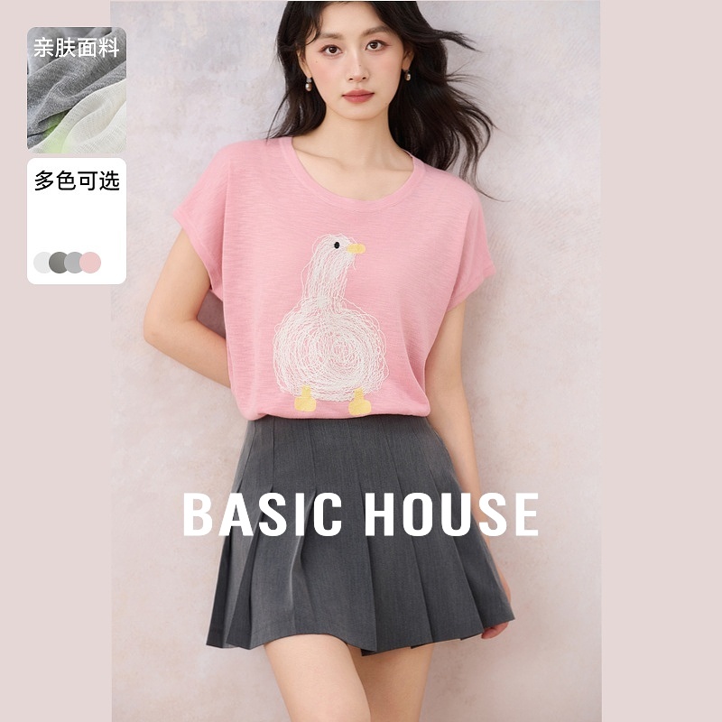 Basic House/百家好卡通刺绣冰丝针织衫夏季薄款短袖凉感上衣2025