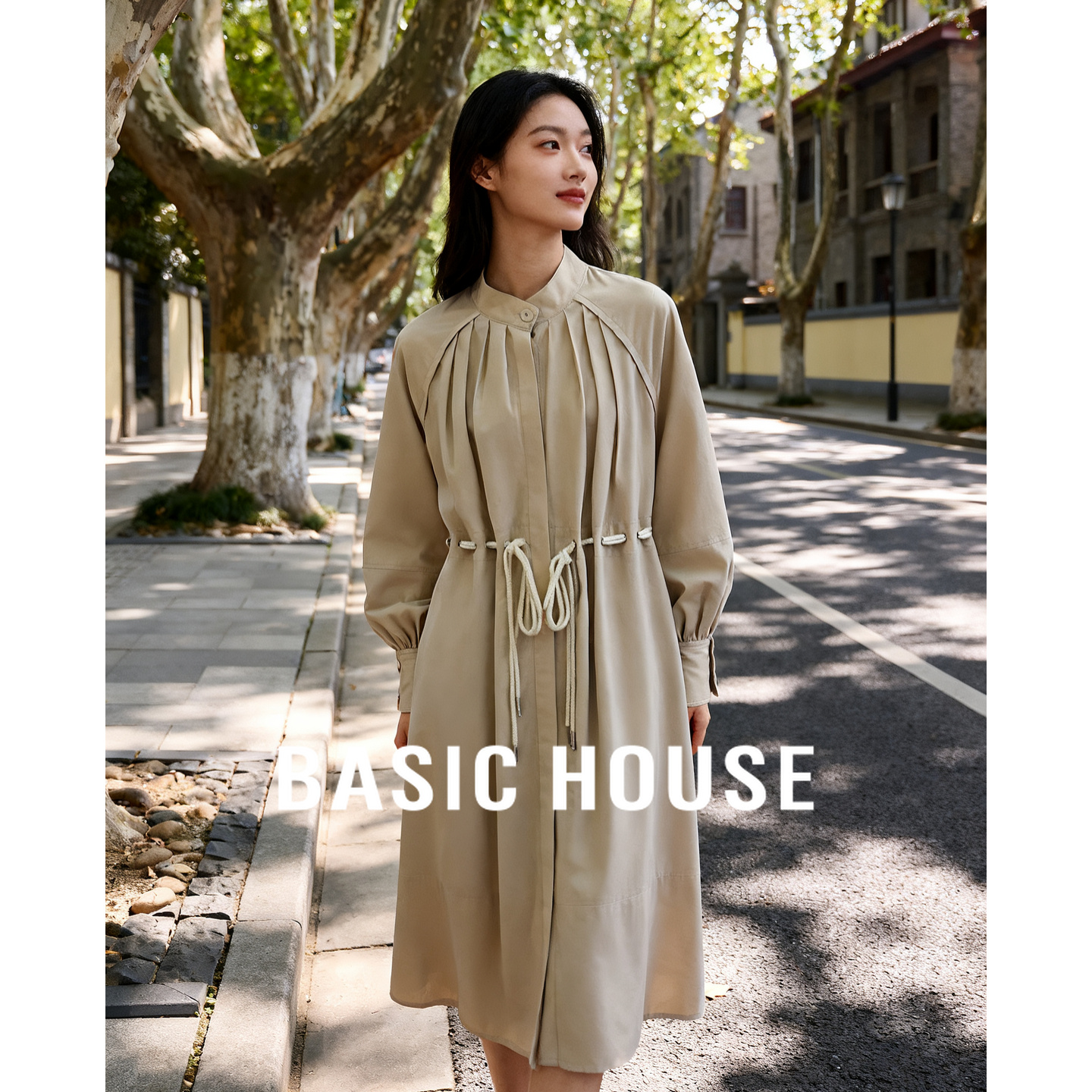 Basic House/百家好系带褶皱外套式连衣裙2025秋季优雅气质外套女
