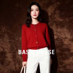 Basic House/百家好绵羊毛彩扣红色毛衣小个子冬季新款开衫外套女