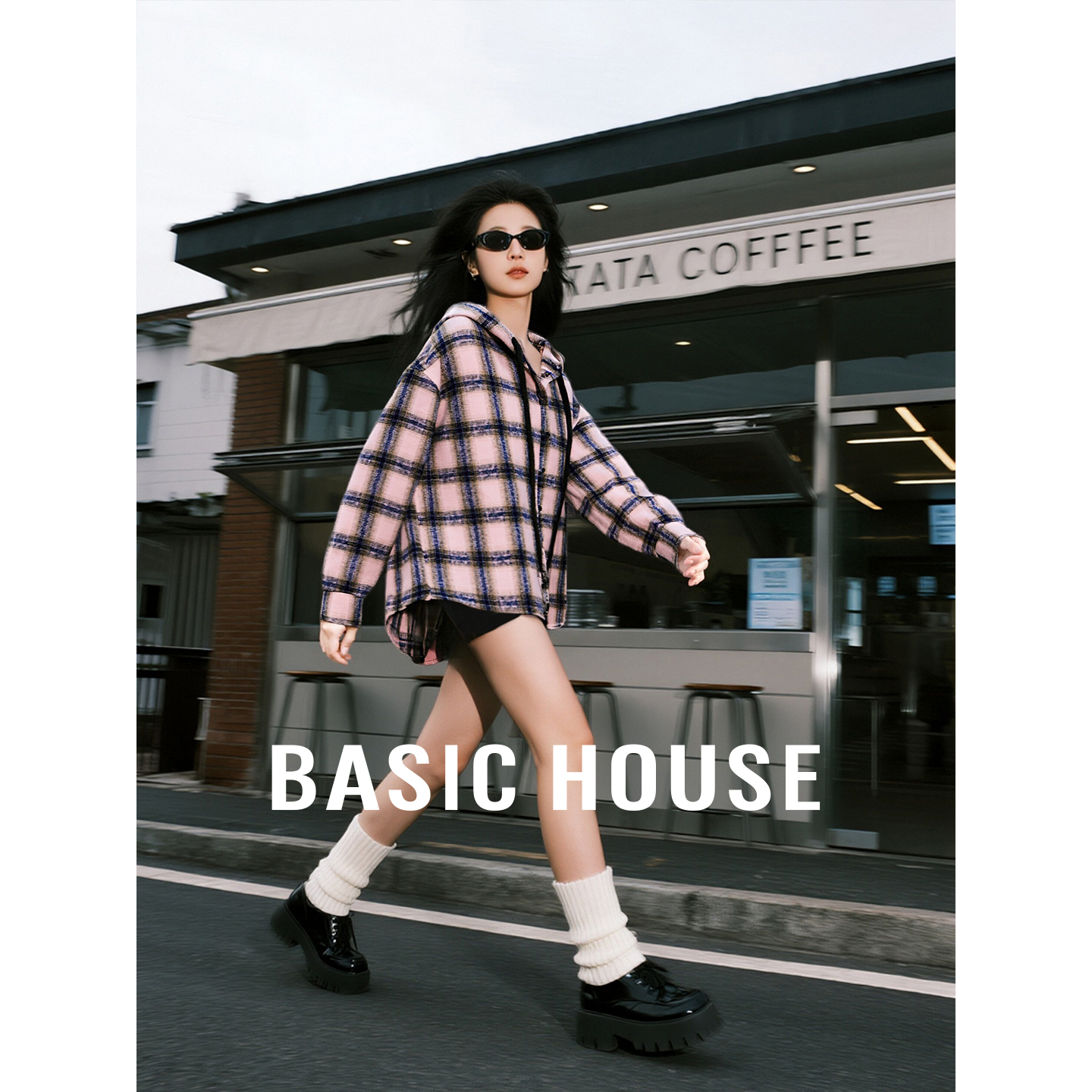 Basic House/百家好撞色格子外套秋季休闲连帽抽绳单排扣长袖上衣
