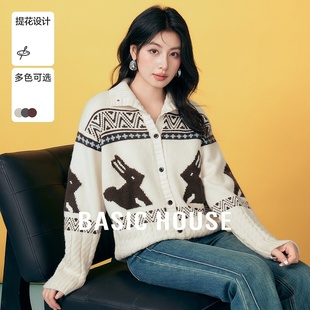 Basic House/百家好复古费尔岛提花翻领毛衣加厚开衫外套女秋冬季