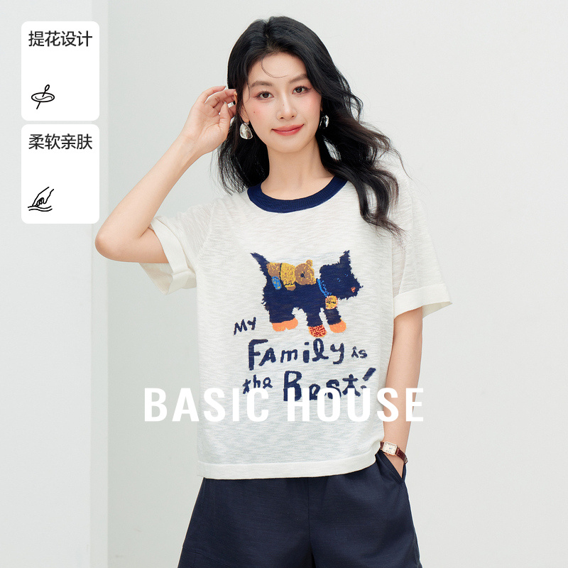 Basic House/百家好撞色圆领小狗短袖针织衫夏季新款休闲短款上衣