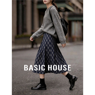 百家好撞色格纹高腰复古半身裙女早春新款 气质感百褶中长裙子 修身