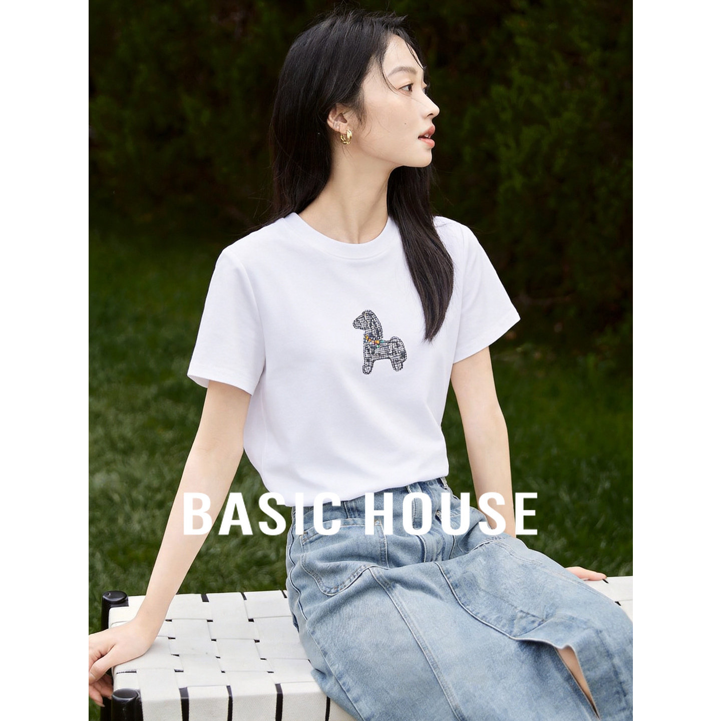 Basic House/百家好韩系小狗刺绣短袖T恤女夏季白色休闲减龄上衣