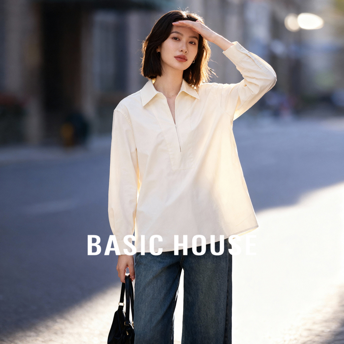 Basic House/百家好简约百搭大气秋冬新款翻领宽松显瘦休闲衬衫女