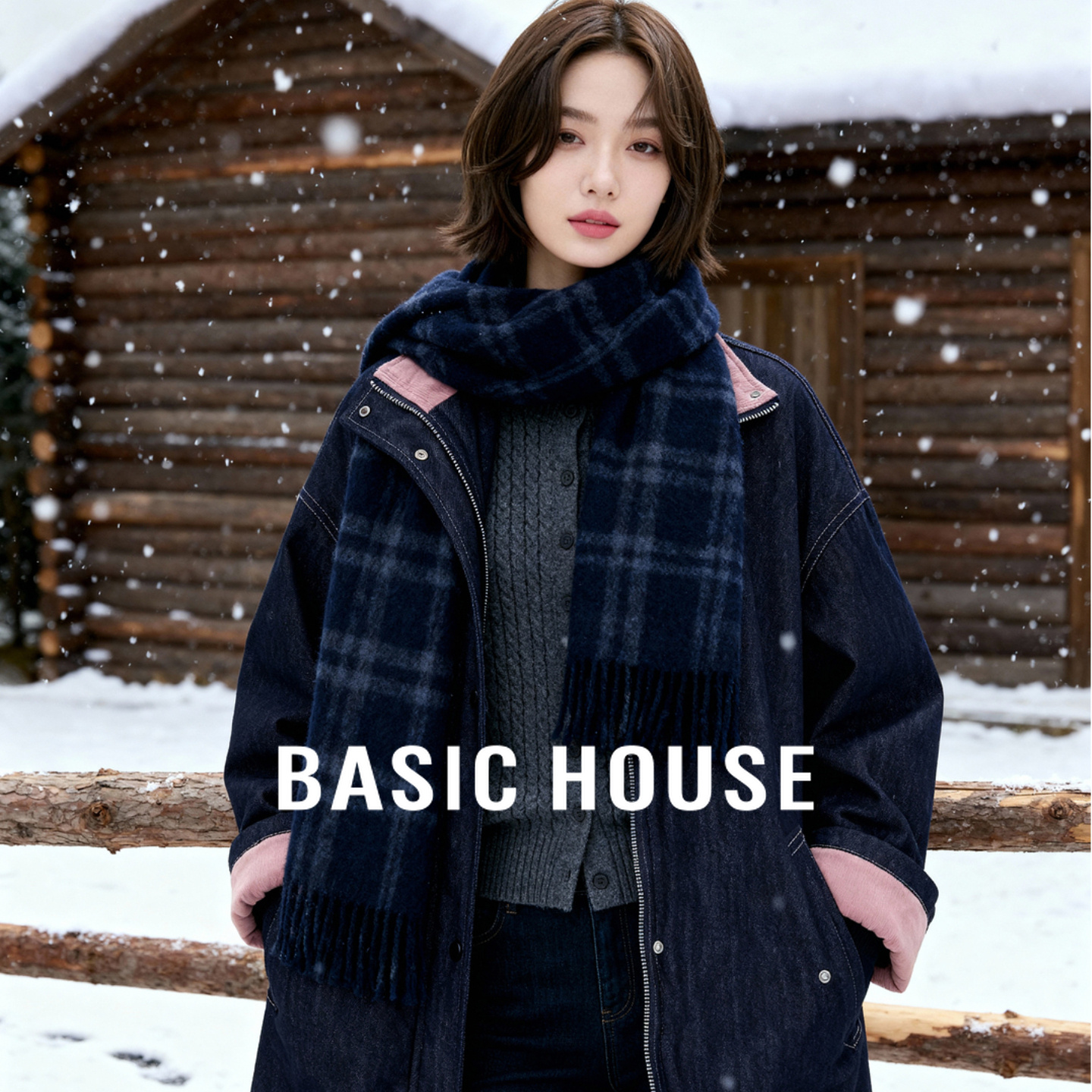Basic House/百家好白鸭绒牛仔拼接羽绒服冬气质中长款落肩上衣