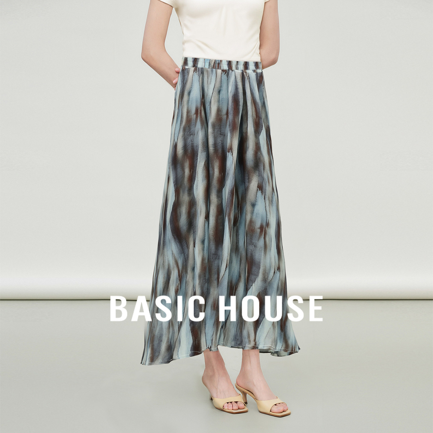 Basic House/百家好高腰显瘦水墨风长裙夏季新款优雅通勤风半身裙