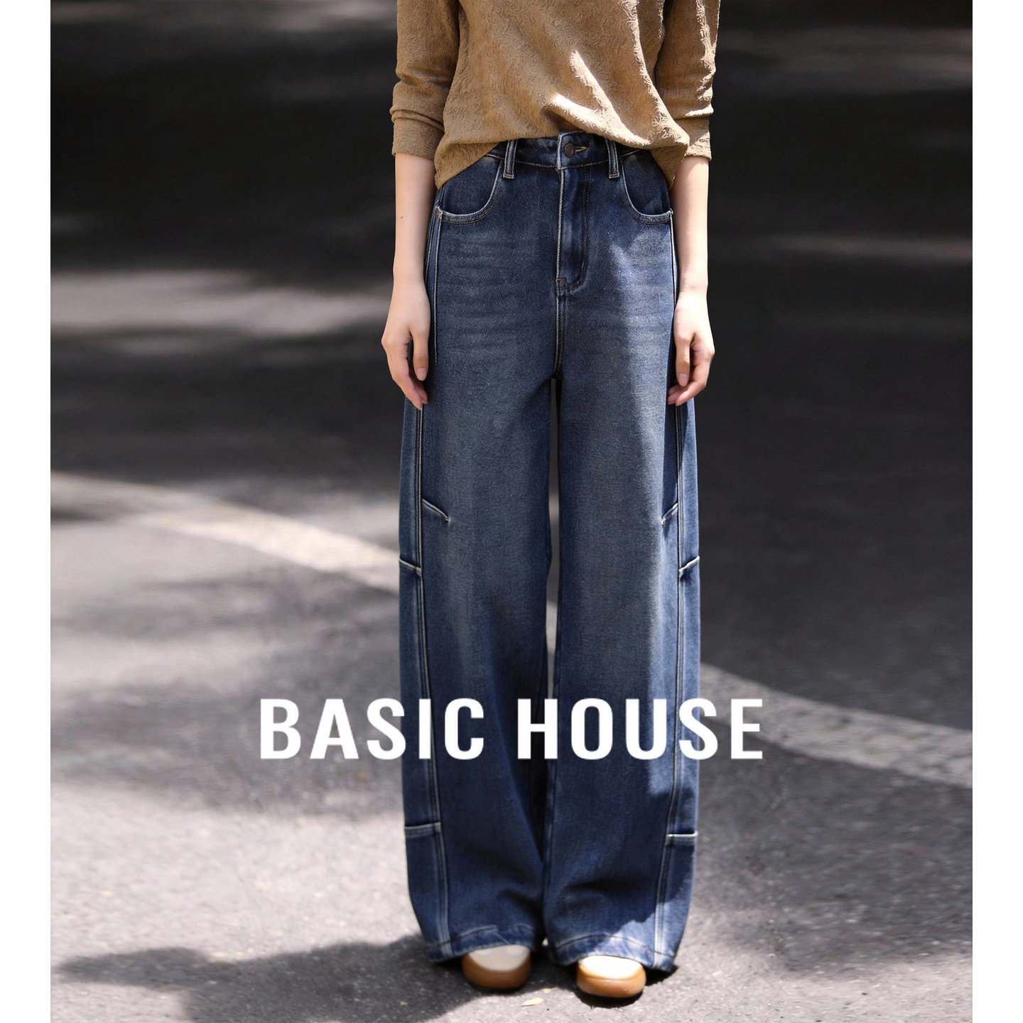 Basic House/百家好复古做旧阔腿牛仔裤女高腰垂感宽松直筒长裤子,女装/女士精品,牛仔裤,淘宝优惠券,粉丝福利购,淘宝优惠卷