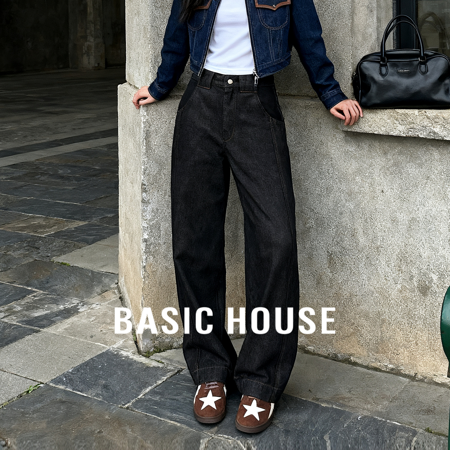 Basic House/百家好黑色牛仔裤2025秋冬大口袋设计高腰显瘦阔腿裤