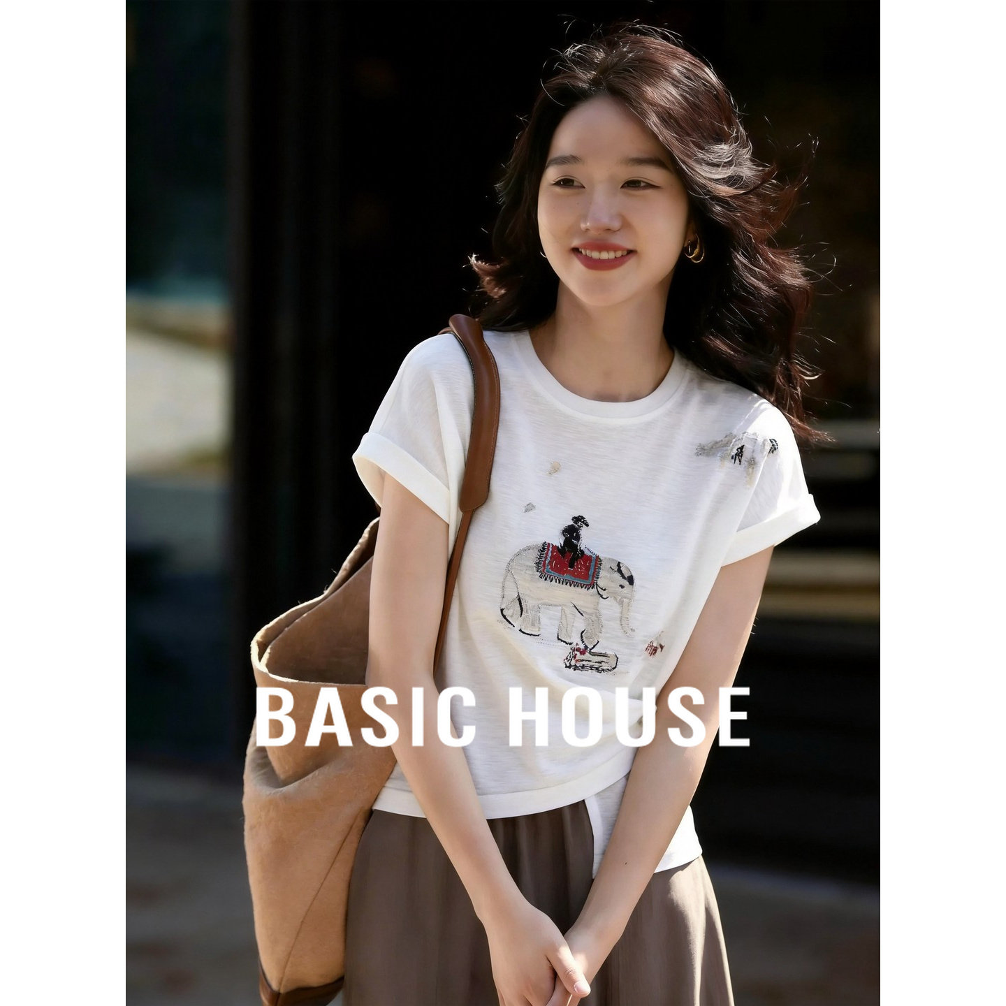 Basic House/百家好短款提花短袖针织衫夏季新款抽褶薄款修身上衣