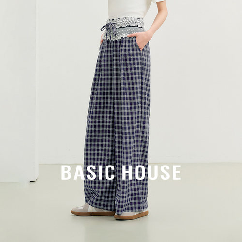 Basic House/百家好2026夏季慵懒风撞色格子裤蕾丝拼接抽绳休闲裤