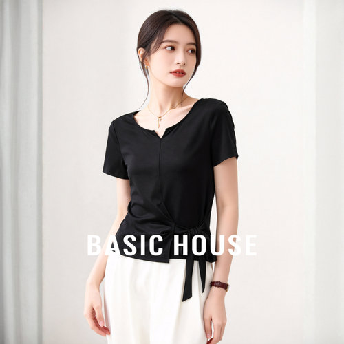 Basic House/百家好莱赛尔V领绑带收腰短袖T恤女夏季轻薄透气上衣