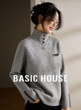 Basic House/百家好灰色半高领坑条纹理毛衣女冬纽扣装饰休闲内搭