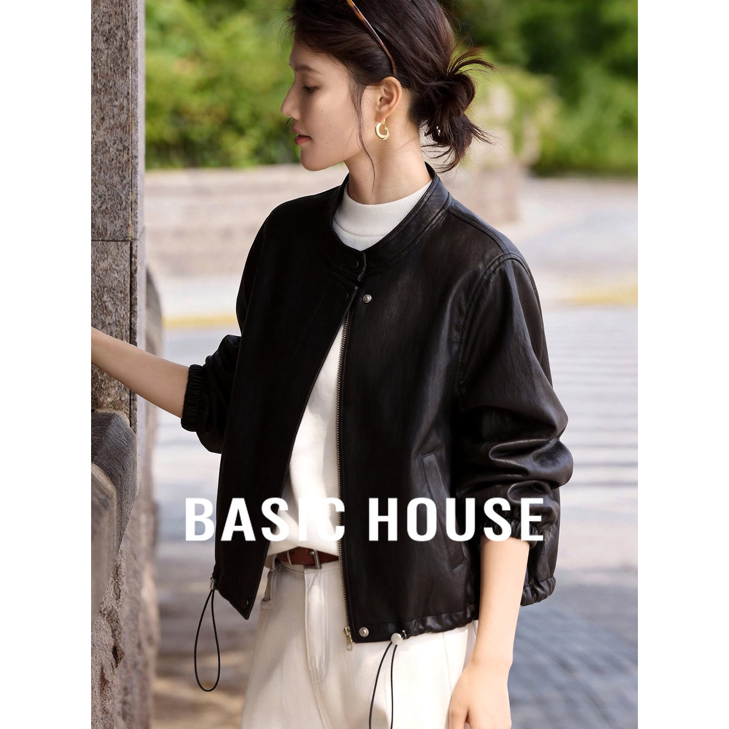 Basic House/百家好夹克机车服外套女2026新款小个子黑色短款皮衣