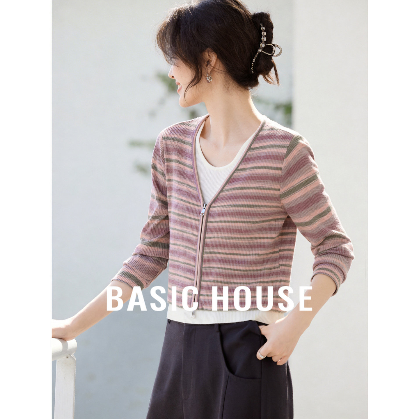 百家好假两件设计拉链开衫外套女2026春新款海盐渐变条纹针织开衫