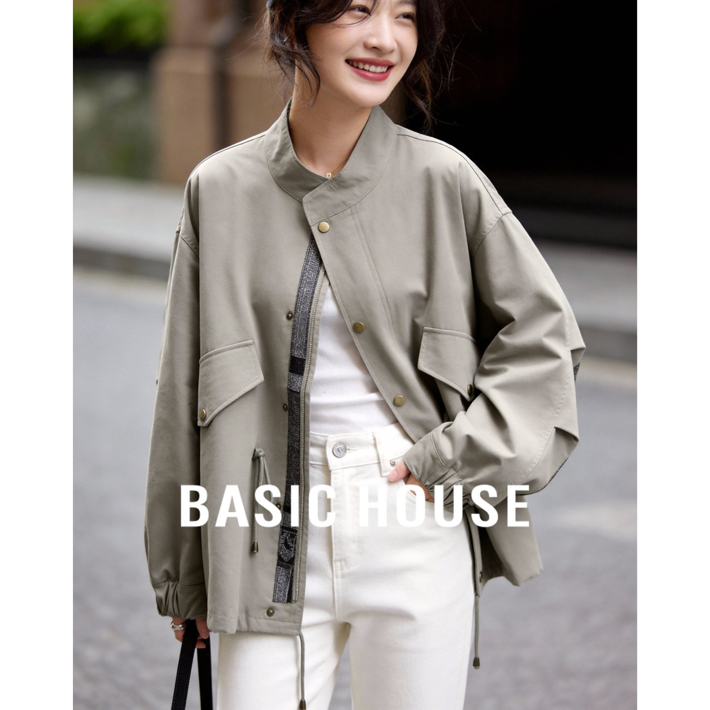 Basic House/百家好抽绳风衣外套2026春季新款抽绳短款小个子上衣,女装/女士精品,短外套,淘宝优惠券,粉丝福利购,淘宝优惠卷