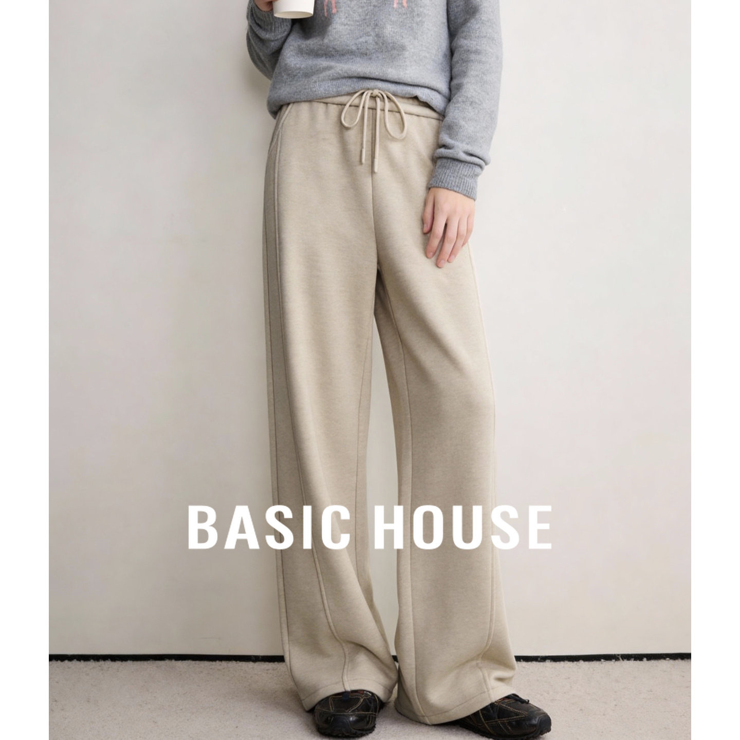 百家好灰色加绒加厚阔腿抽绳运动卫裤女冬季新款保暖休闲直筒裤子