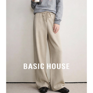 百家好灰色加绒加厚阔腿抽绳运动卫裤女冬季新款保暖休闲直筒裤子