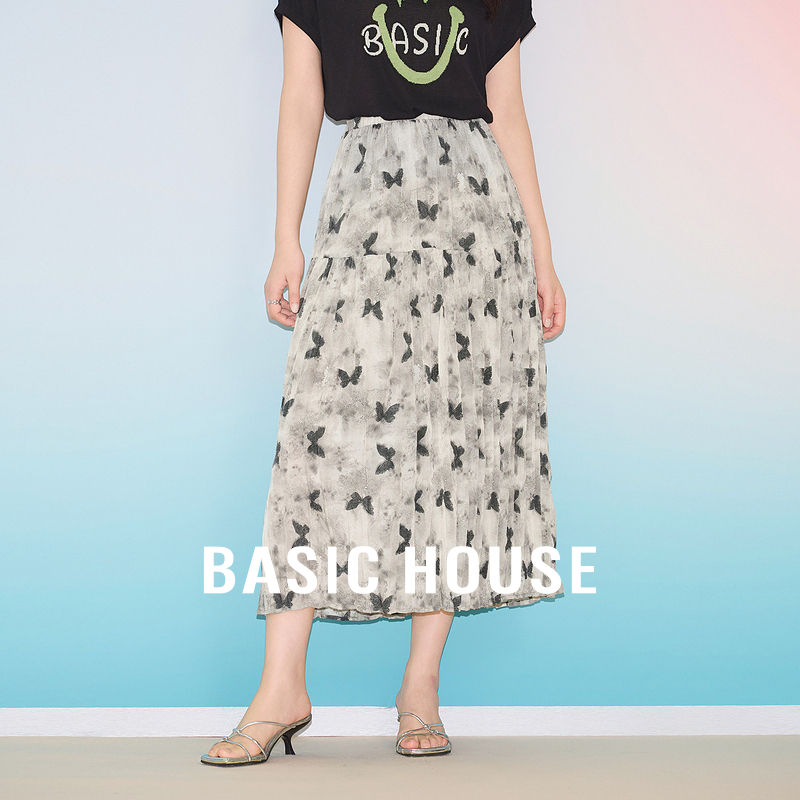 Basic House/百家好2025夏季水墨晕染气质半身长裙蝴蝶印花A字裙