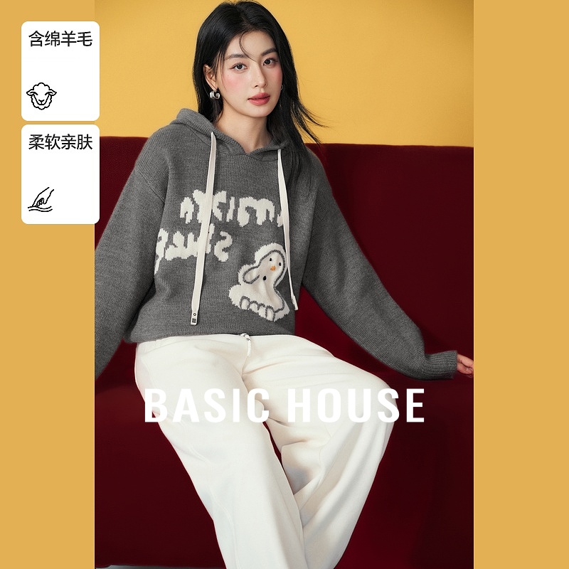 Basic House/百家好美式复古连帽毛衣冬季宽松落肩提花针织上衣女