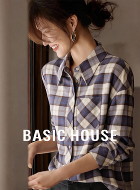 Basic House/百家好紫色格纹衬衫女秋冬新款翻领复古风长袖上衣